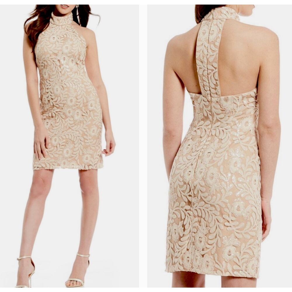 Belle Badgley Mischka Size US 0 Cecile Halter Sequin Illusion Lace Party Dress